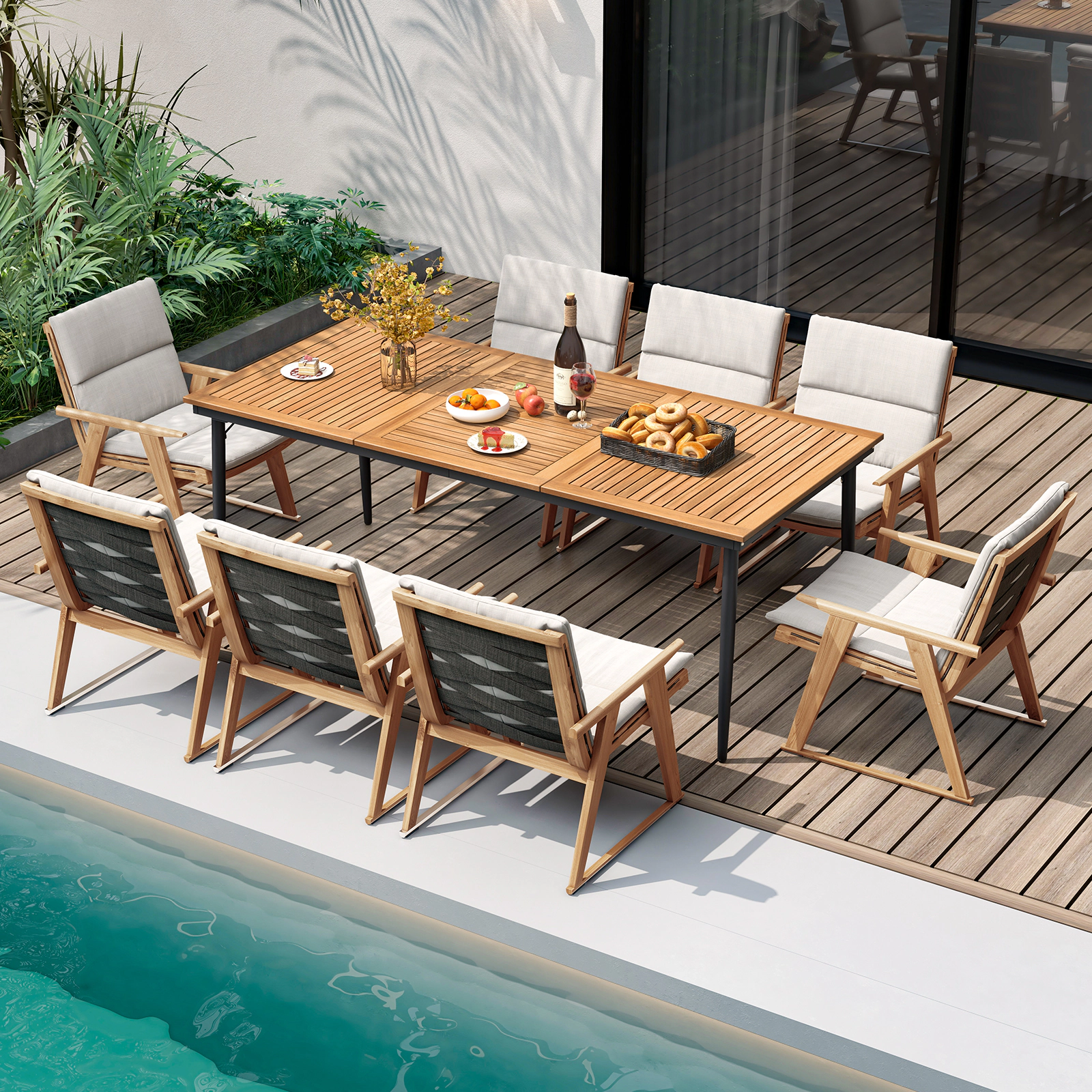 SUGIFT 79-in Acacia Wood Outdoor Dining Table for 8 with 1.9-in Umbrella Hole Natural & Black