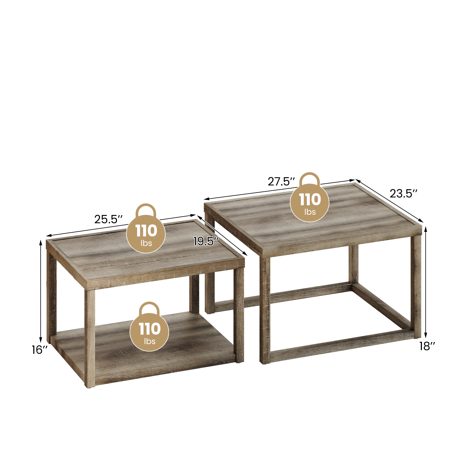 Slickblue Set of 2 Coffee Table Set Rectangular Nesting Tables with Open Shelf Gray Finish