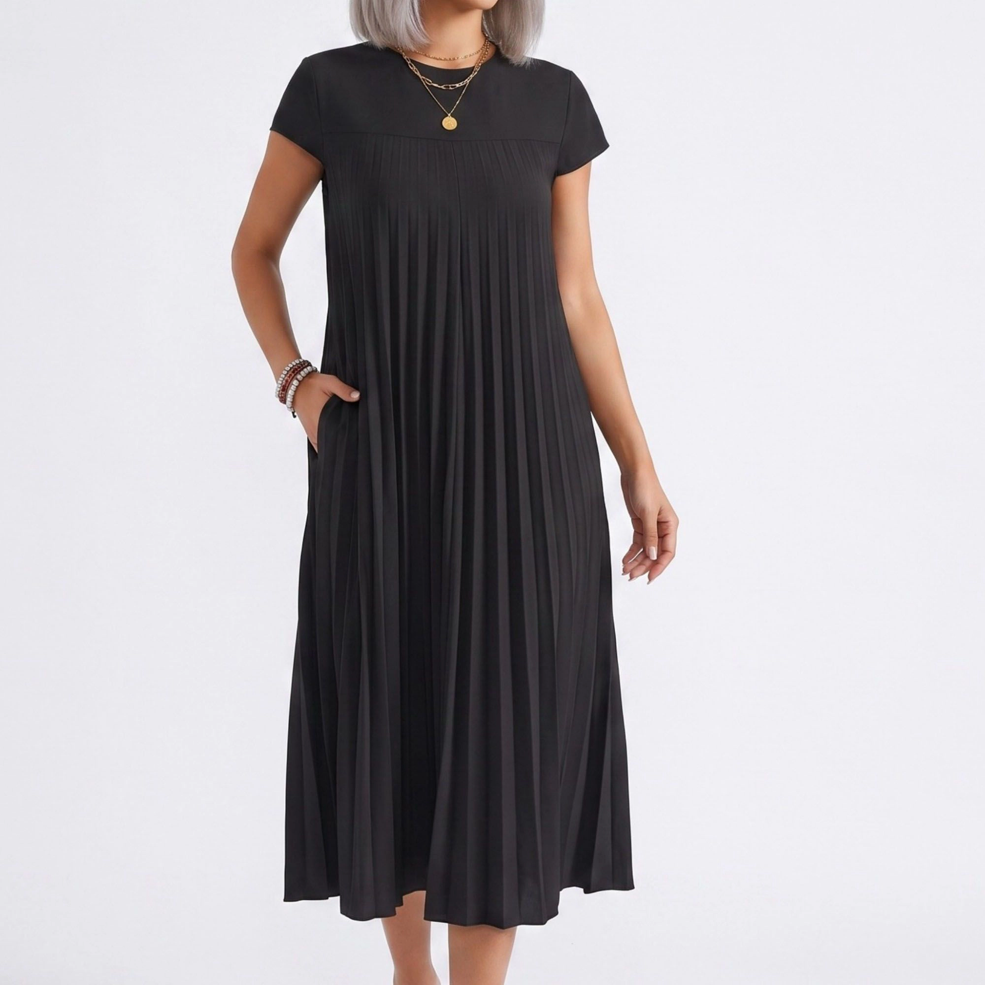 Anna-Kaci Women's Crew Neck Short Sleeve Accordion Pleated Midi Dress