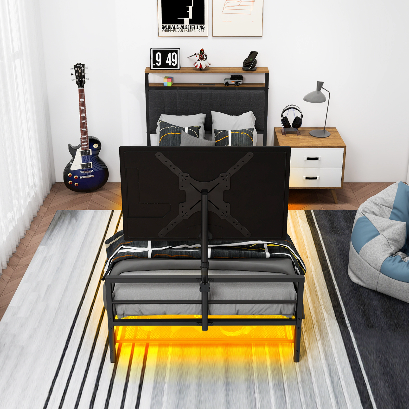 Flynama Twin Gaming Bed with Rotating TV Mount for 65" TVs, LED & Power Board