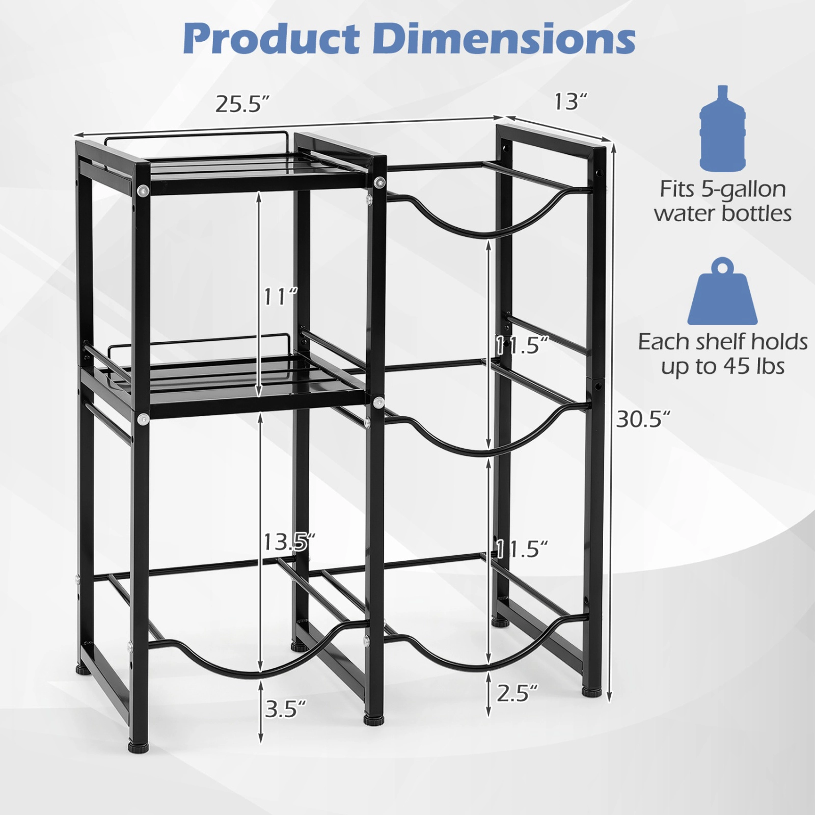 SUGIFT 3-Tier Carbon Steel 5 Gallon Water Jug Holder Storage Rack 25.5-in x 13-in x 30.5-in 45-lb per Shelf Black