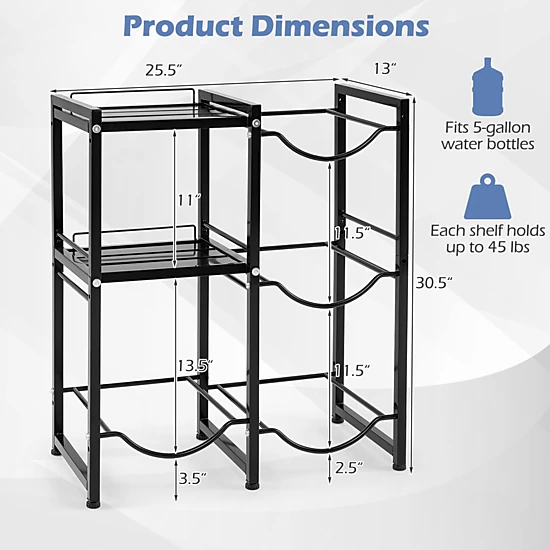 SUGIFT 3-Tier Carbon Steel 5 Gallon Water Jug Holder Storage Rack 25.5-in x 13-in x 30.5-in 45-lb per Shelf Black