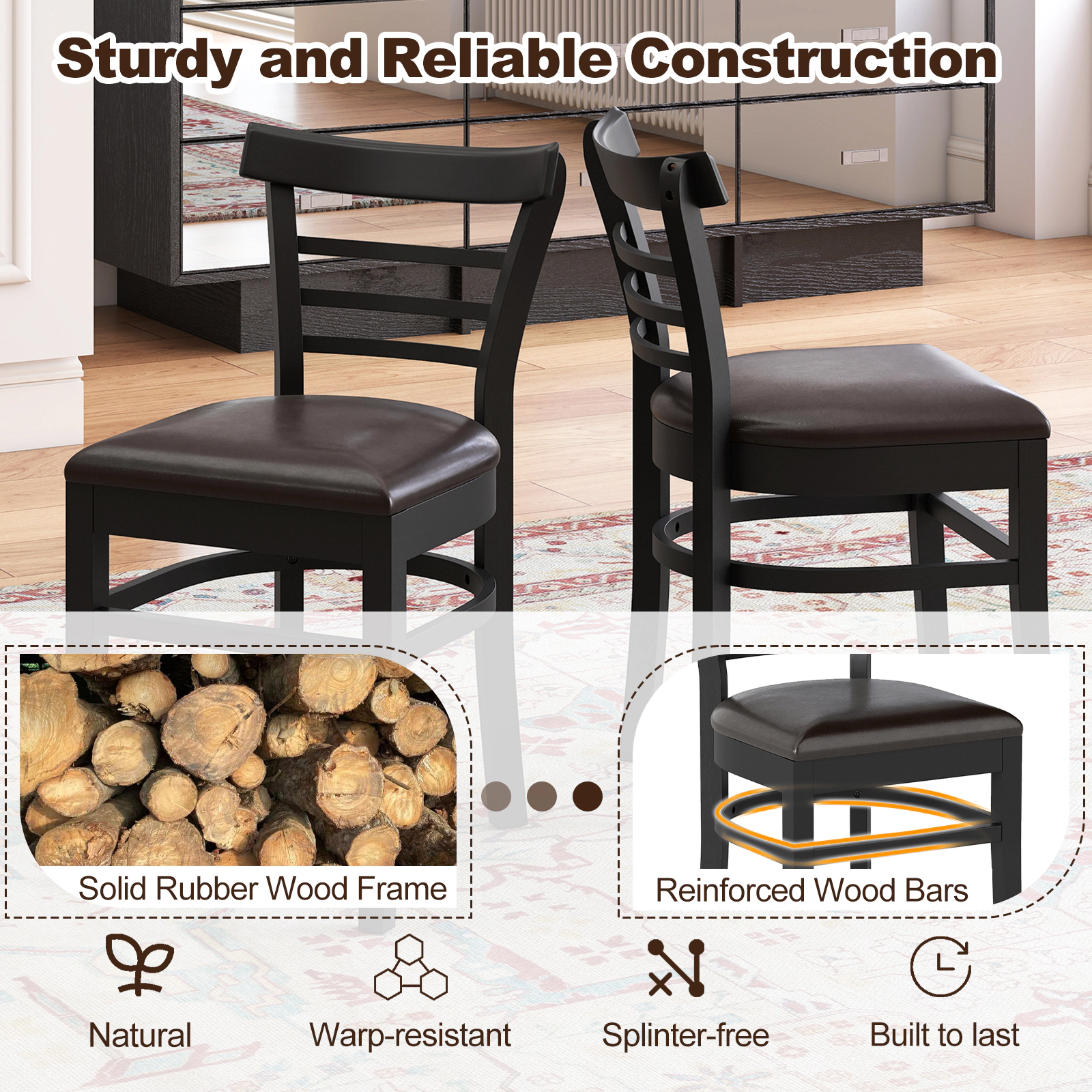 SUGIFT Set of 2 Black PU Leather Dining Chairs, 400 lb Capacity