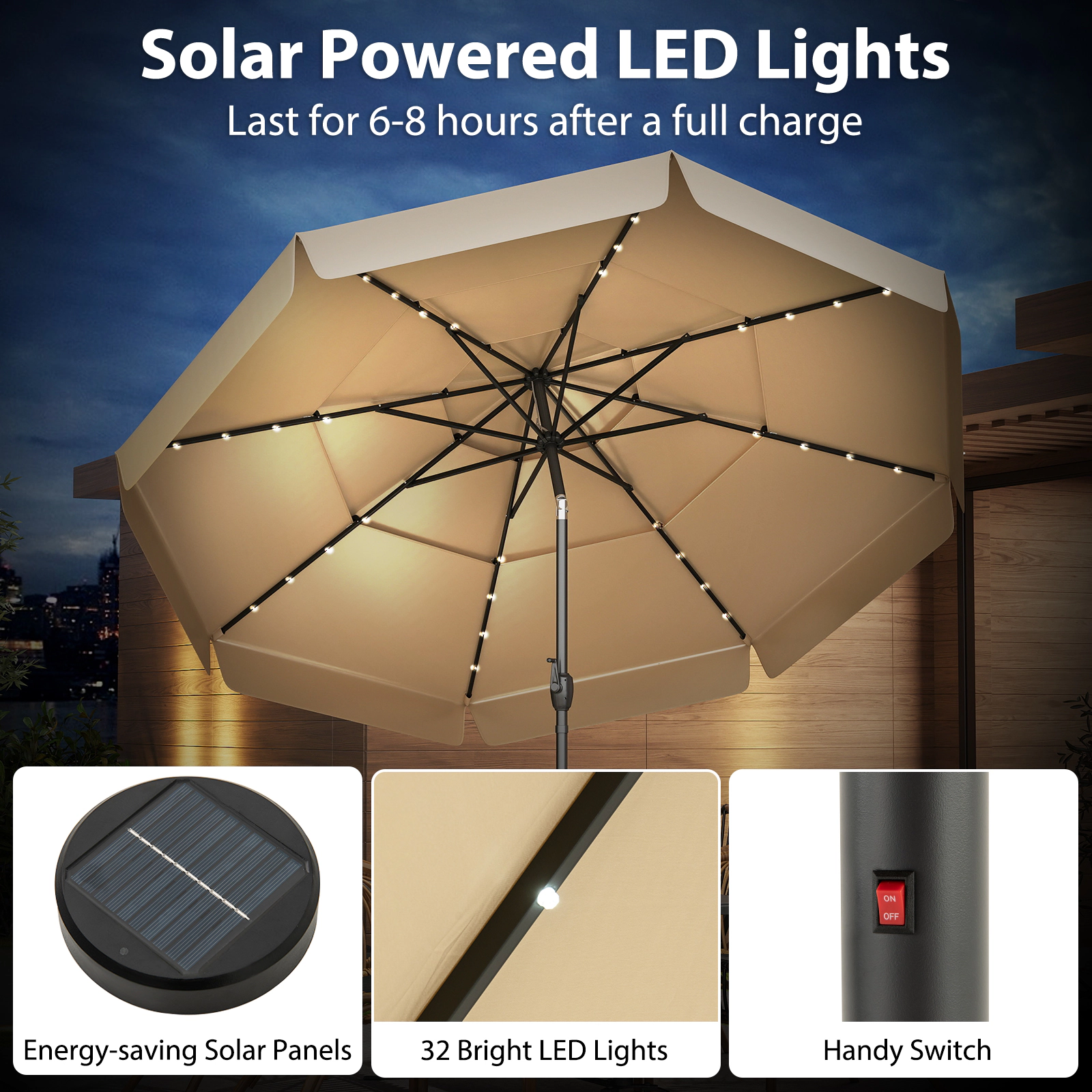 SUGIFT 3-Tier Vented Solar Patio Umbrella LED Lights 10-ft Canopy 10 x 8.1 in with Crank Handle & Push-Button Tilt Beige