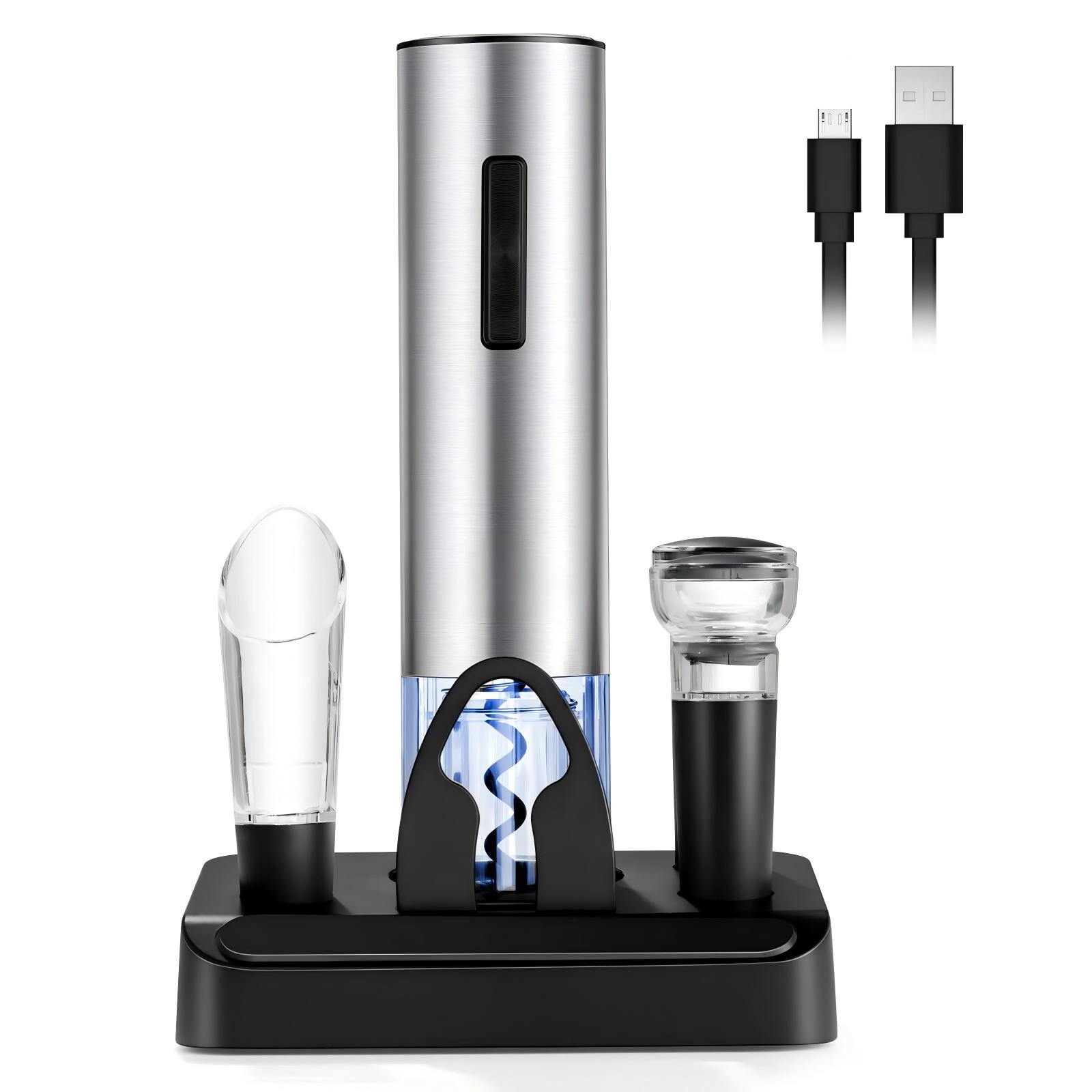 SUGIFT 6-in-1 Rechargeable Electric Wine Bottle Opener Set with Foil Cutter Pourer and 2 Stoppers