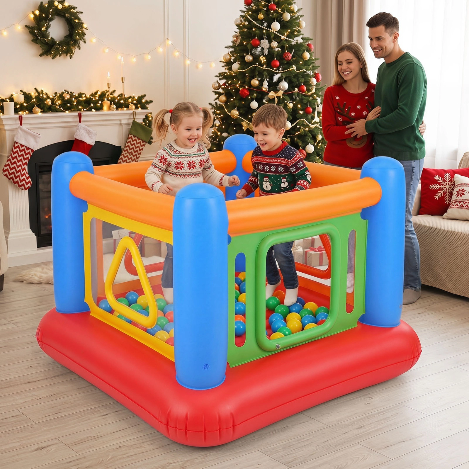 3-in-1 Blow Up Jumping House with Transparent Side Walls Ball Pit and Playpen for Kids 110-lb Capacity 63-in Blue