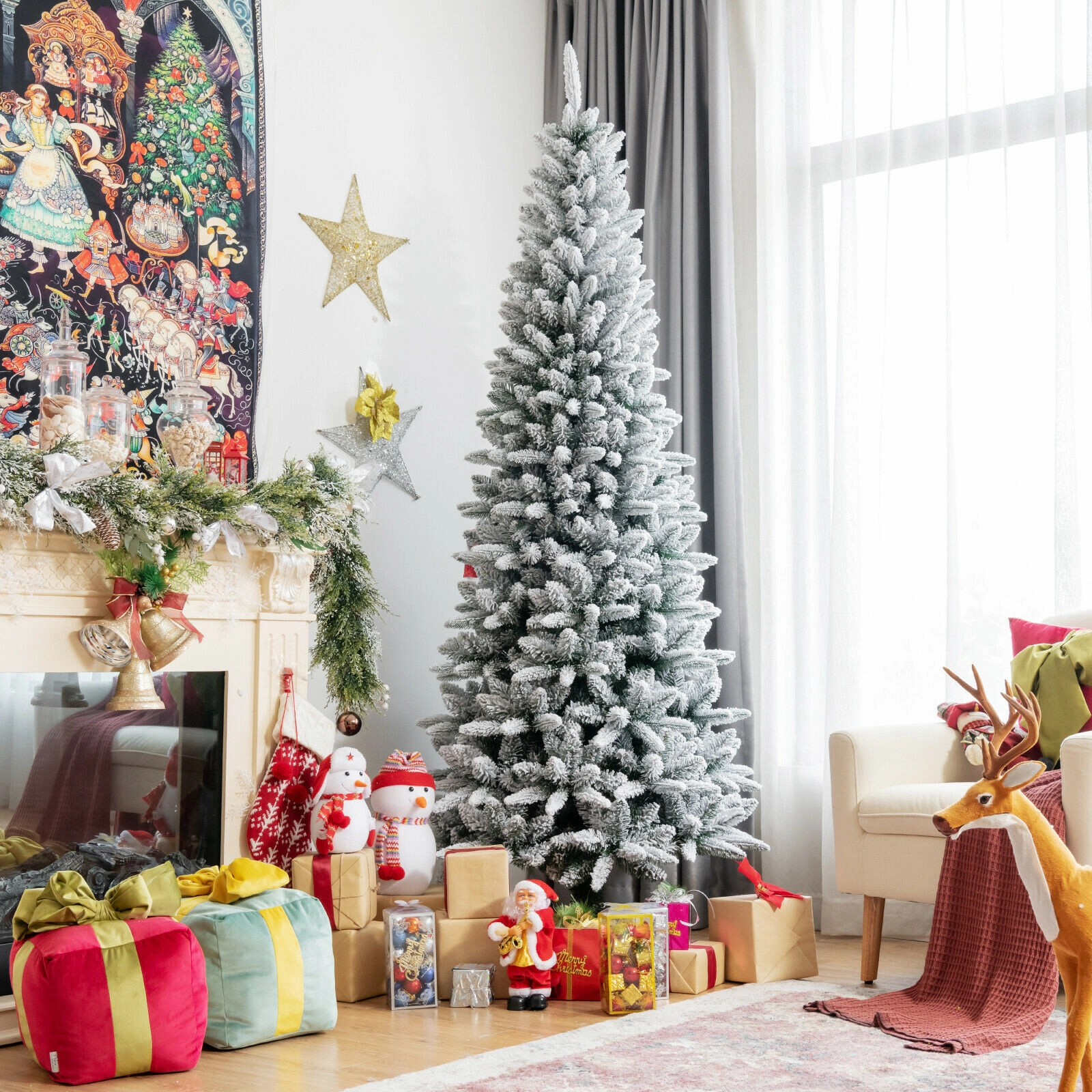 SUGIFT Snow-Flocked Hinged Artificial Christmas Pencil Tree 7.5-ft Tall White