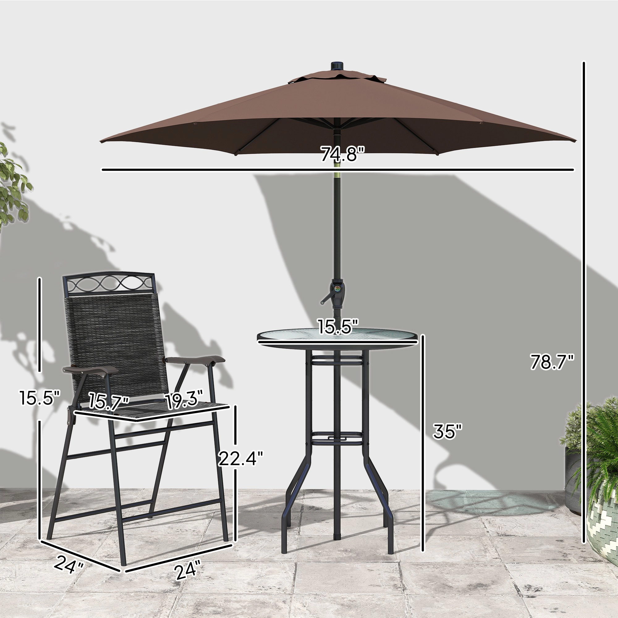 HONGGE 4 Piece Outdoor Bar Set with Umbrella Patio Dining 2 Folding Chairs Wave Textured Tempered Glass Table