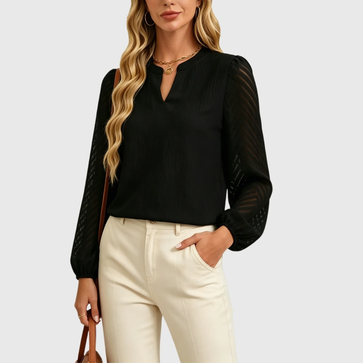 YesFashion Womens Tops Dressy Casual Crew Neck Lantern Long Sleeve Work Shirts Chiffon Blouses