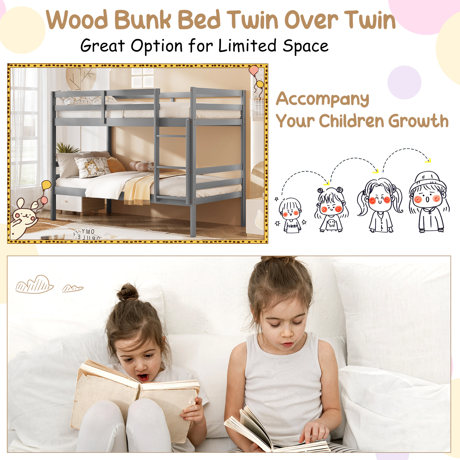 SUGIFT Gray Ladder and Safety Rail 400-lb Twin Over Twin Kids Wooden Bunk Bed
