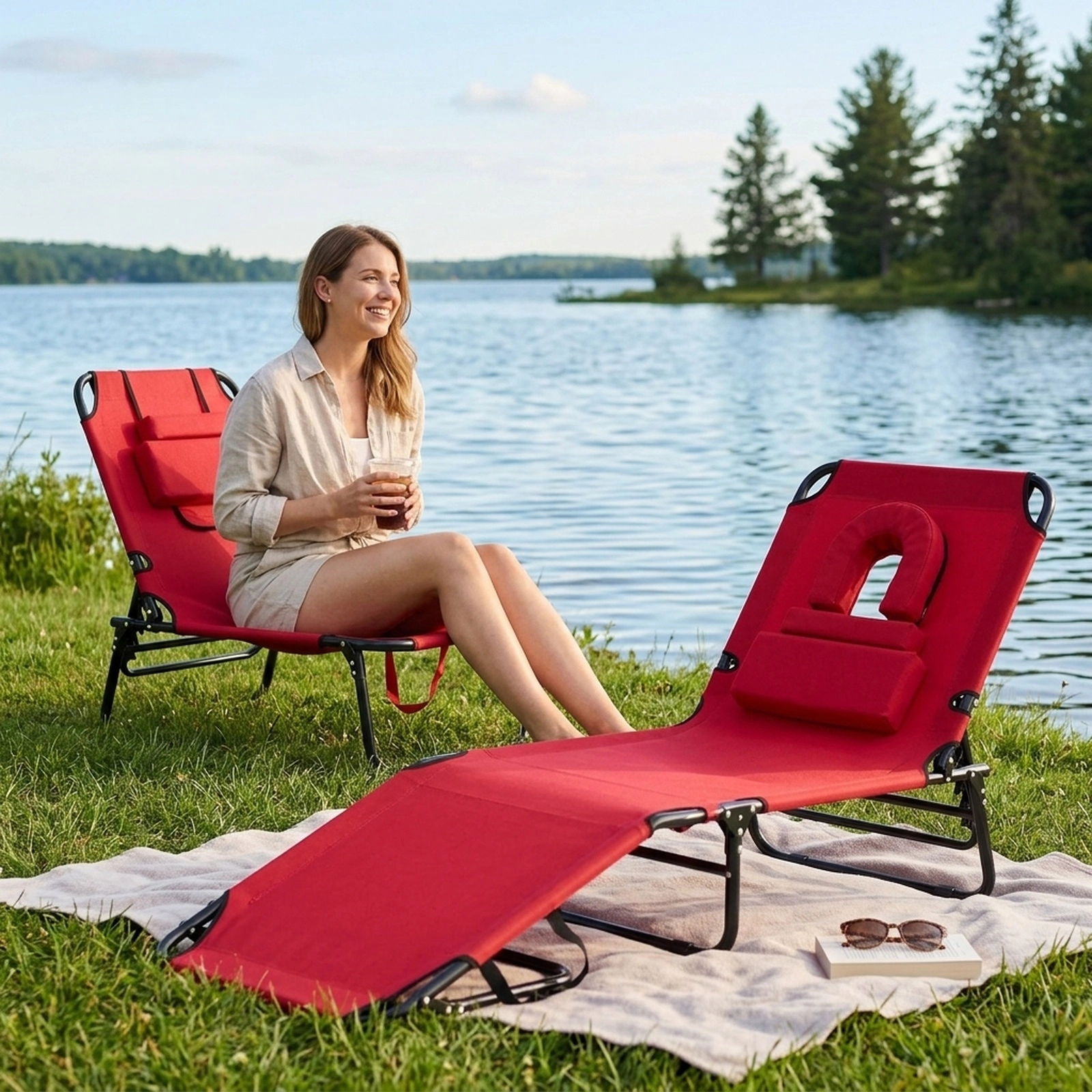 Face Down Tanning Chairs 2 Pack with Face Hole and 3 Removable Pillows Each Folding Beach Lounge Chairs Red