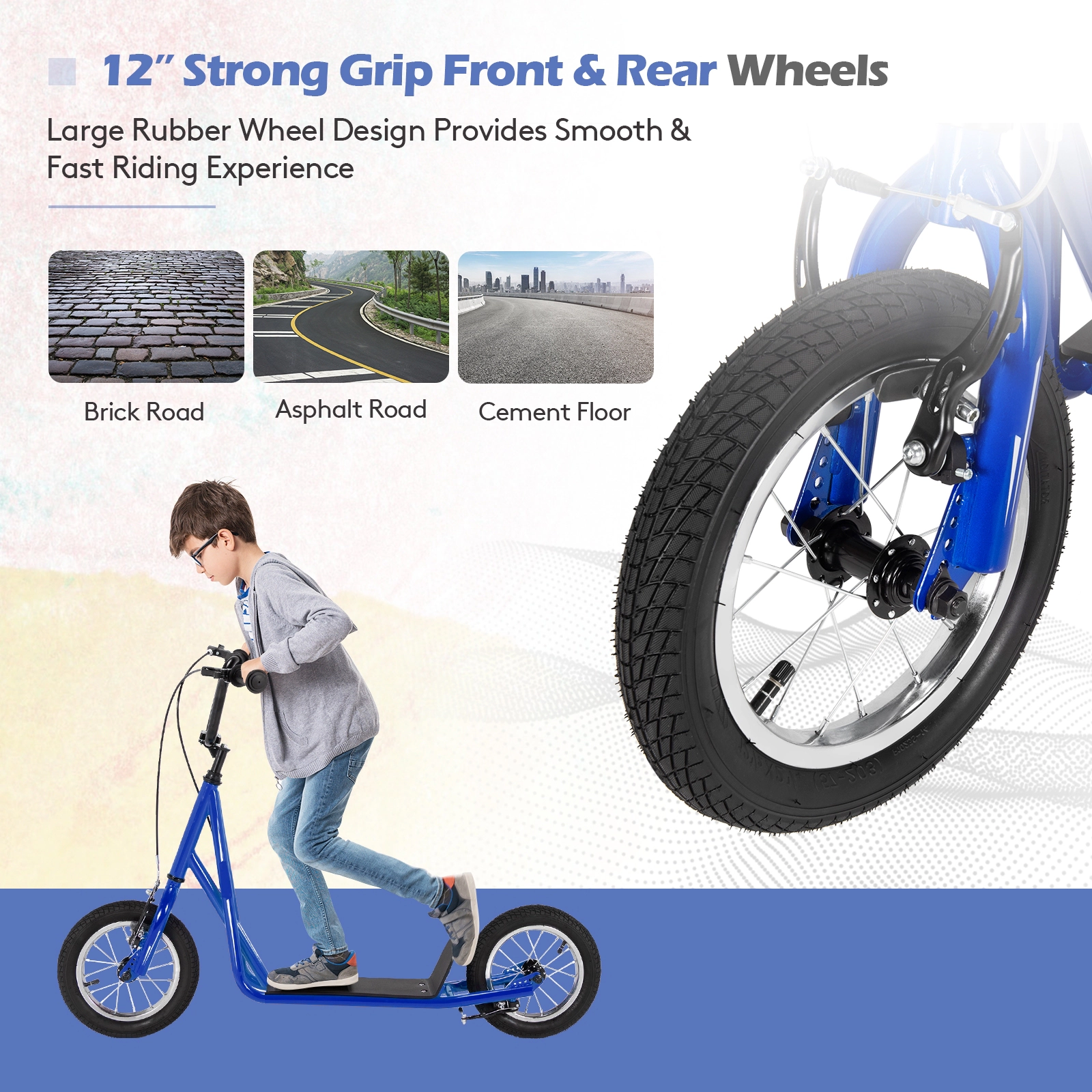 SUGIFT Kids Navy Kick Scooter with 12-in Air-Filled Wheels and Dual V-Brakes 33-in to 35-in H 165-lb Rider Capacity
