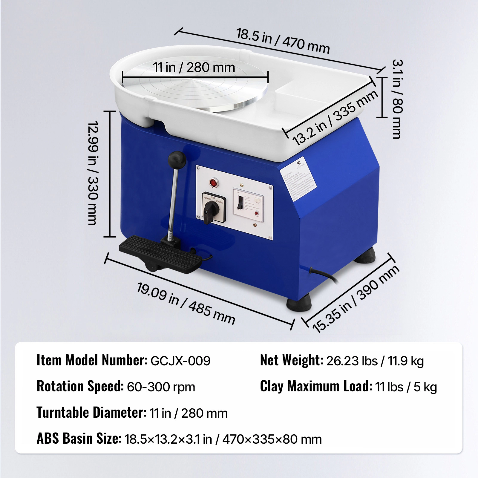 HONGGE Pottery Wheel 11 in Clay Wheel Forming Machine 60-300 RPM Adjustable Speed with Handle and Pedal Control ABS