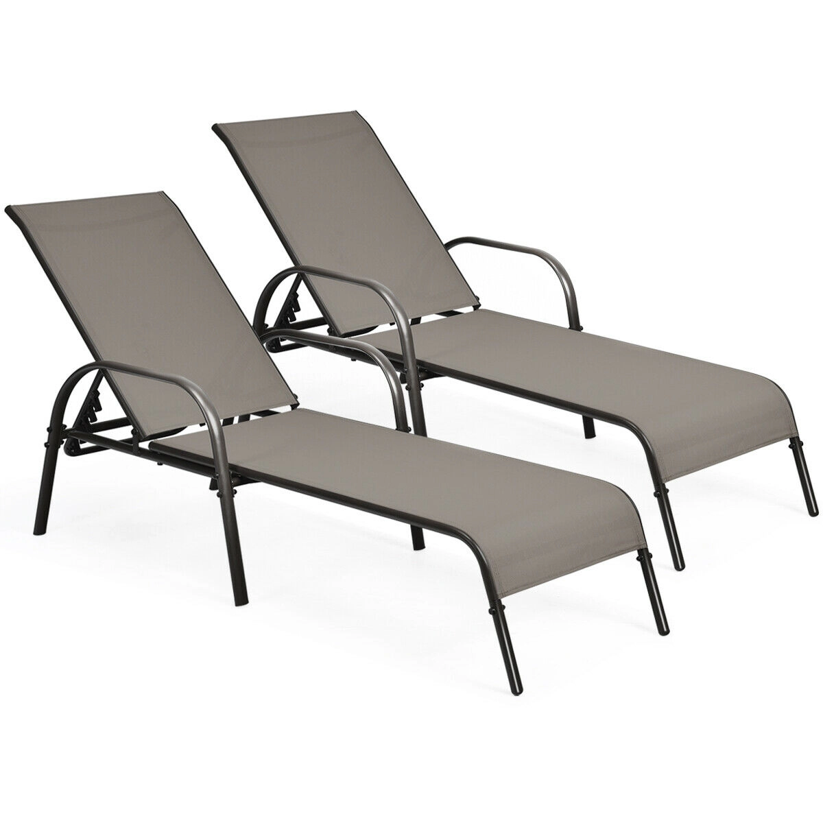 SUGIFT 2-Piece Adjustable Outdoor Patio Chaise Lounge Chair Set Fabric Seat Reclining Armrests 350-lb Capacity Brown