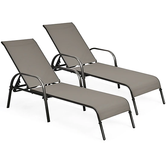 SUGIFT 2-Piece Adjustable Outdoor Patio Chaise Lounge Chair Set Fabric Seat Reclining Armrests 350-lb Capacity Brown