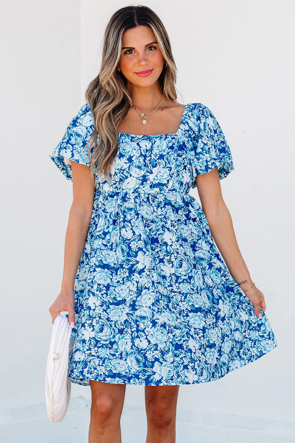 Threaded Pear Women's Azalea Floral Puff Sleeve Babydoll Mini Dress