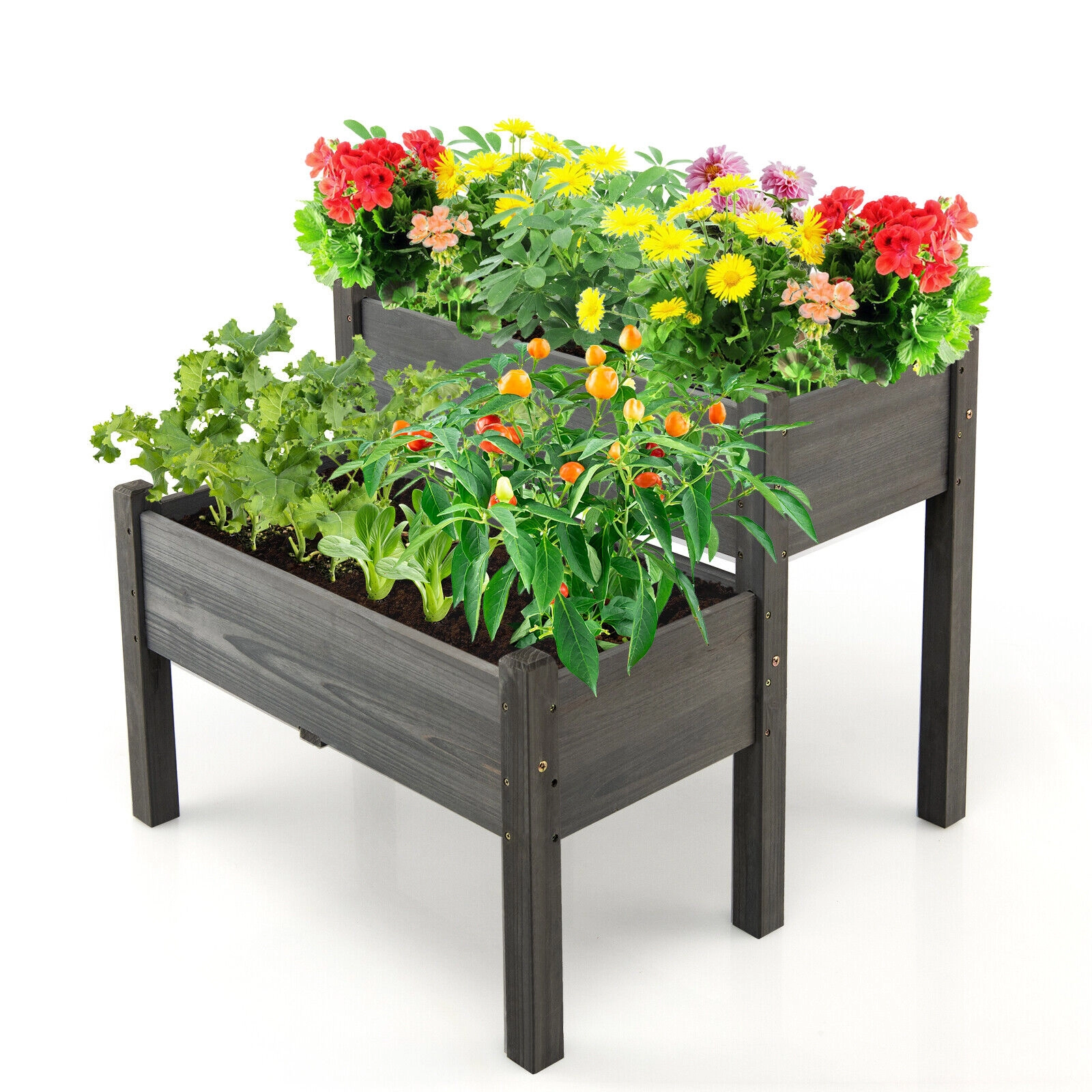 SUGIFT 2 Tier Fir Wood Outdoor Planter Raised Garden Bed with Legs 110-lb Capacity per Tier Gray