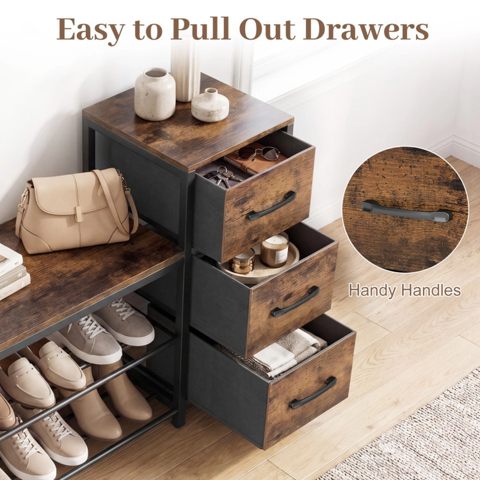 SUGIFT Rustic Brown 3 Removable Fabric Drawers and Anti-Toppling Kits 3-Tier Industrial Shoe Bench