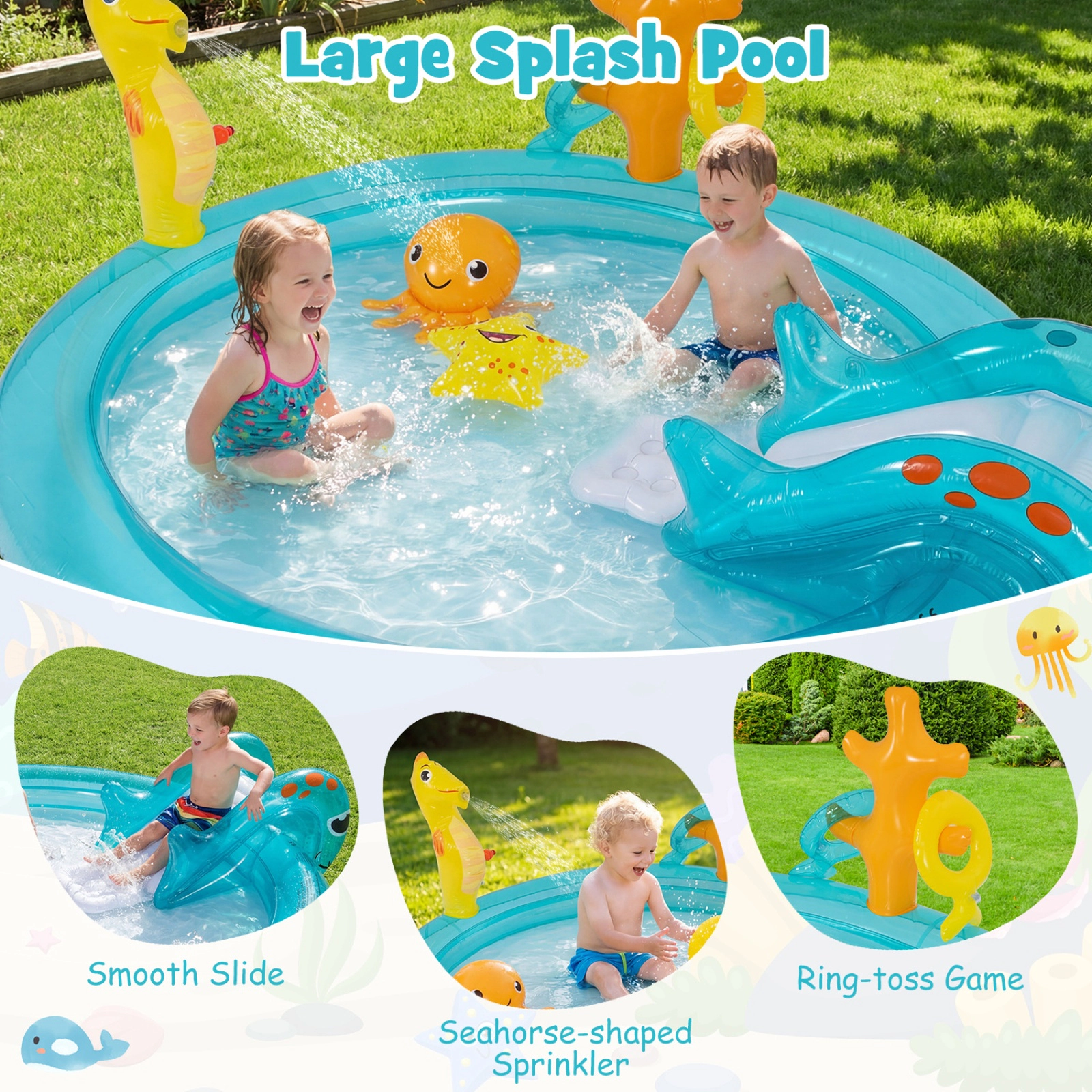 SUGIFT Inflatable Water Park Kids Spray Pool with Slide Seahorse Sprinkler and Ring Toss