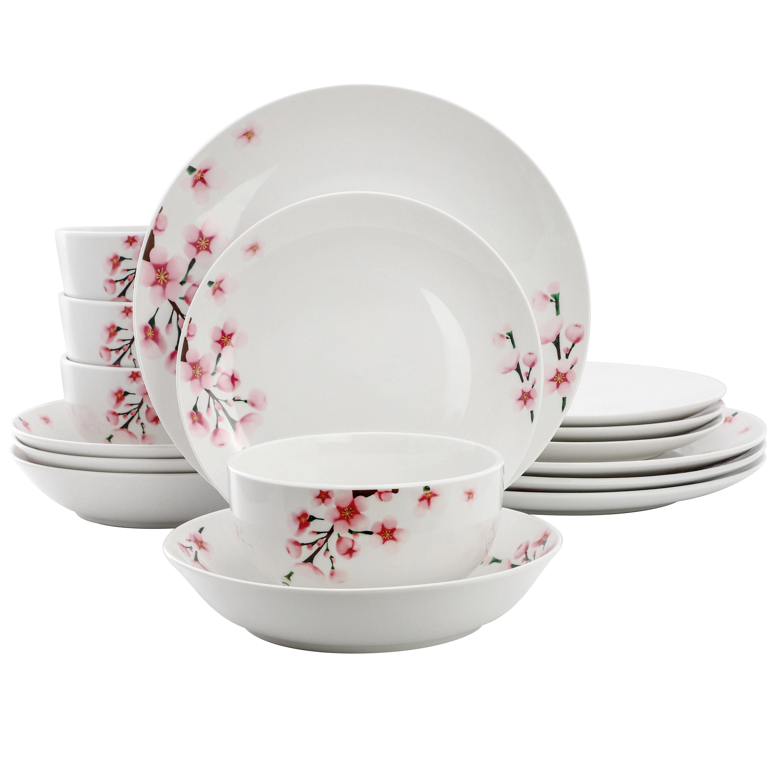 Elama Tamara 24 Piece Cherry Blossom Porcelain Double Bowl Dinnerware Set, Service for 6 in White and Pink