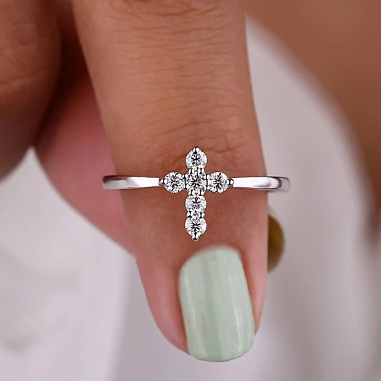 Wardrobe Whimsy Womens Dainty Cross Cubic Zirconia Ring Silver Tone Minimalist Thin Band Religious Promise Ring