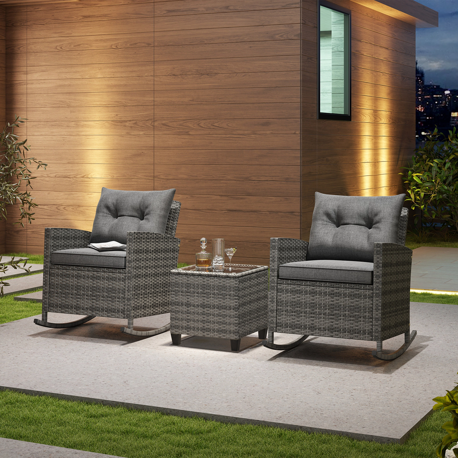 SUGIFT 3-Piece Patio Rocker Set, 2 Wicker Chairs and Glass Side Table