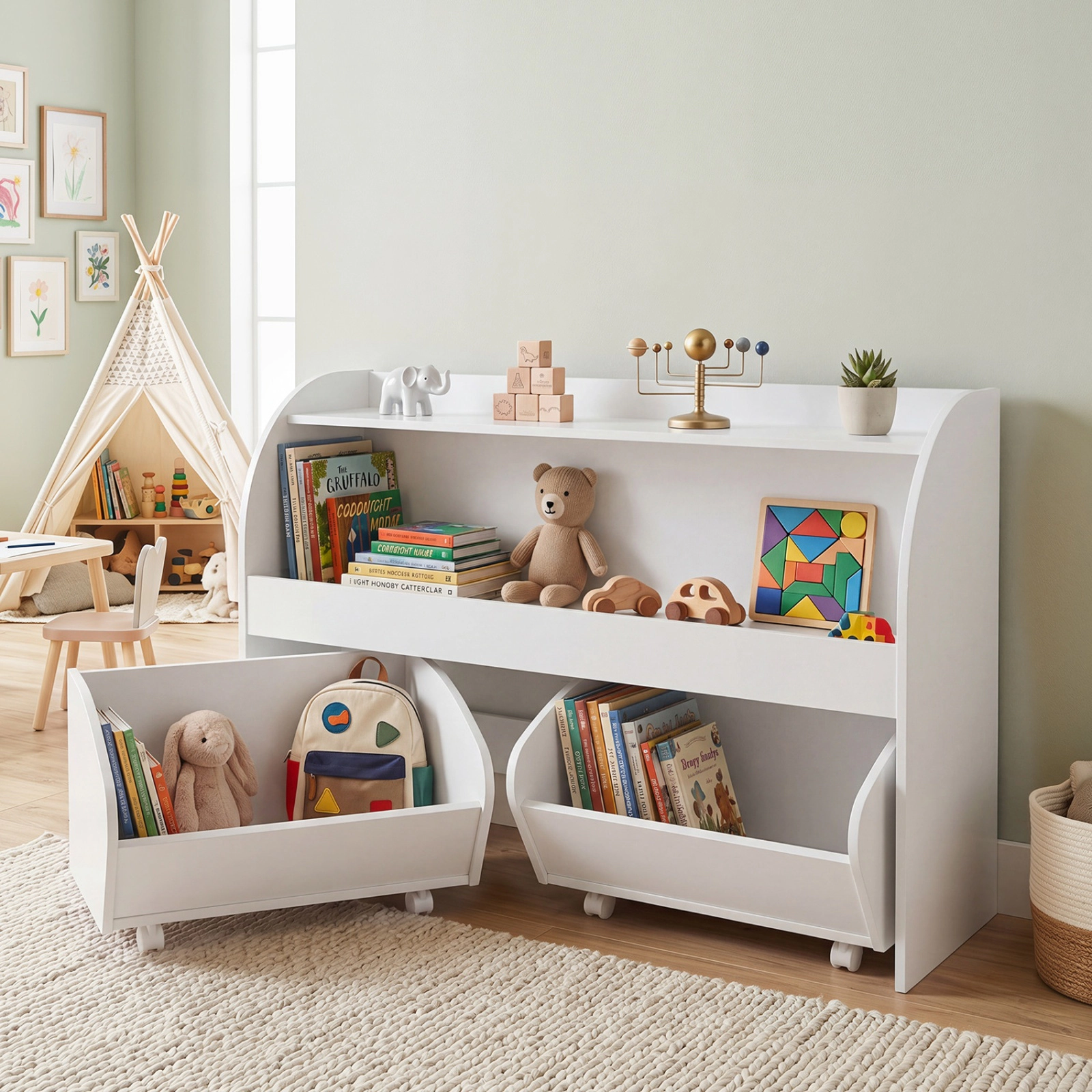 SUGIFT Kids Toy Storage Organizer with 2 Drawers and 3-Tier Bookshelf 22-lb Shelves 33-lb Drawers 38-in Frame White