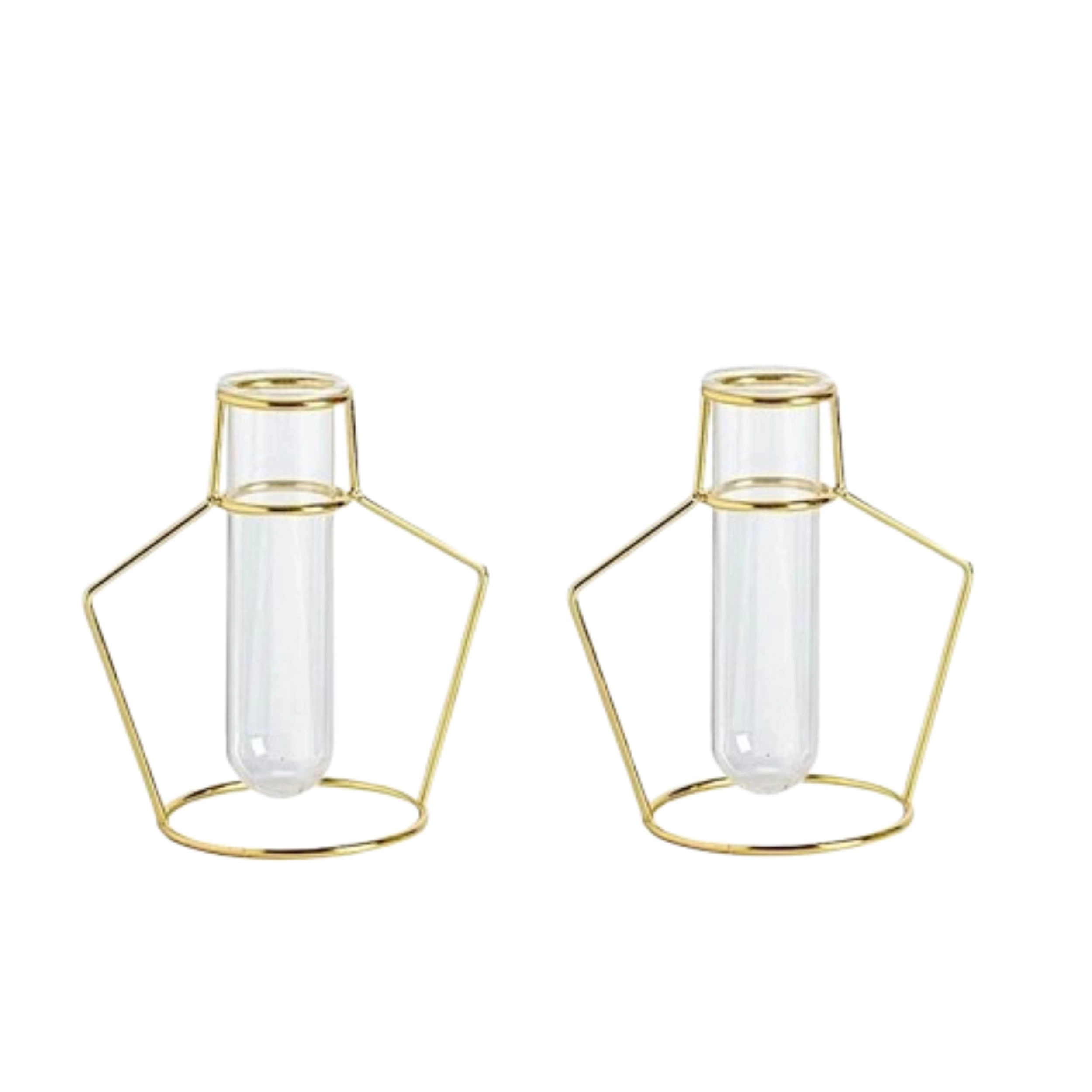 Home Collection Gold Geometric Metal Flower Vases with Glass Tubes Set of 2