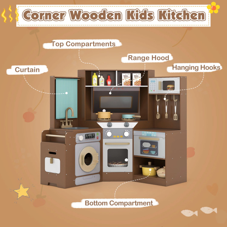 Hivvago Corner Kitchen Toys with Lights and Sounds Pull-out Trash Can Stoves