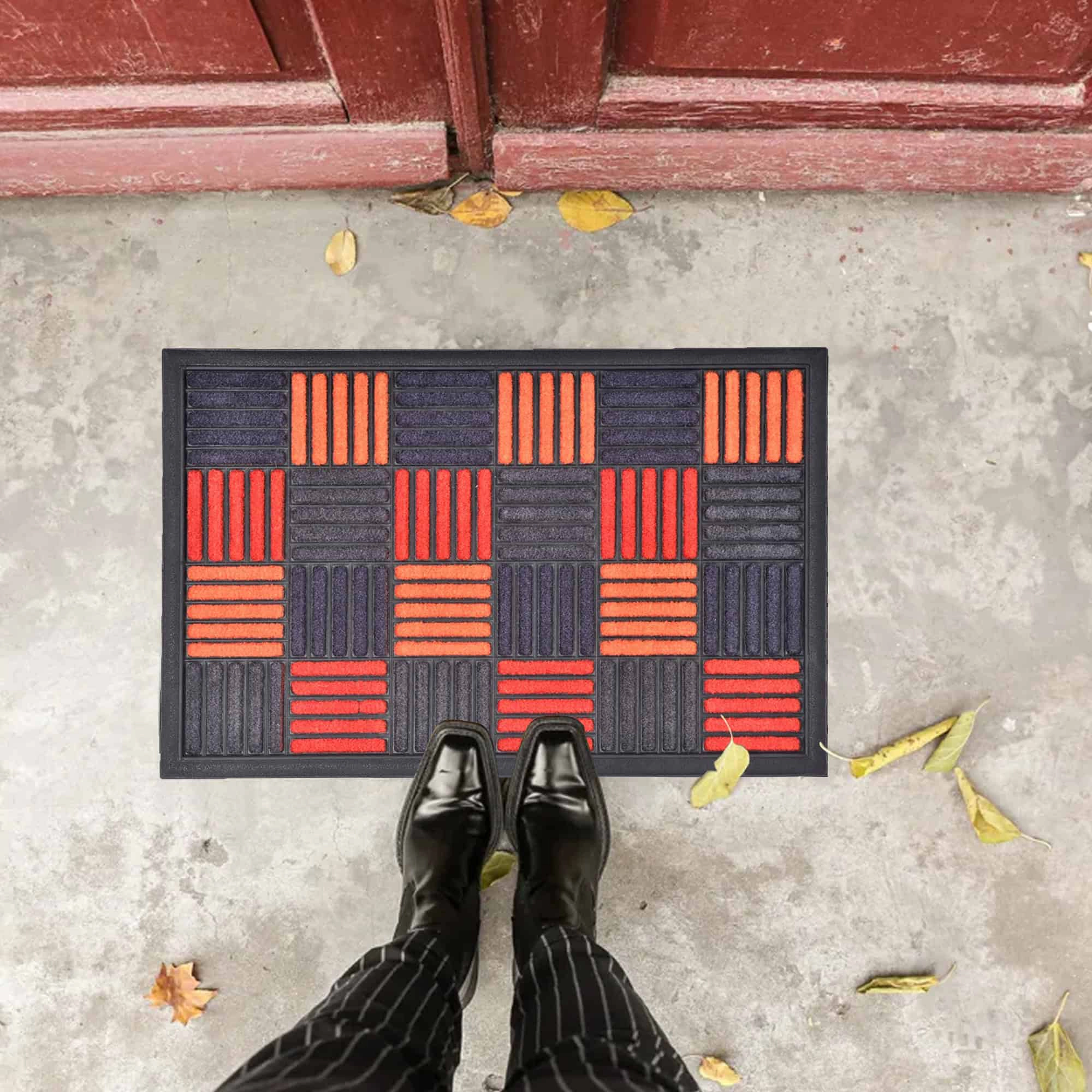 Evideco French Home Goods Orange Red Gray Caroll Checkered Nylon Doormat 24 x 16 Inches