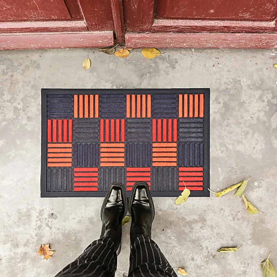 Evideco French Home Goods Orange Red Gray Caroll Checkered Nylon Doormat 24 x 16 Inches