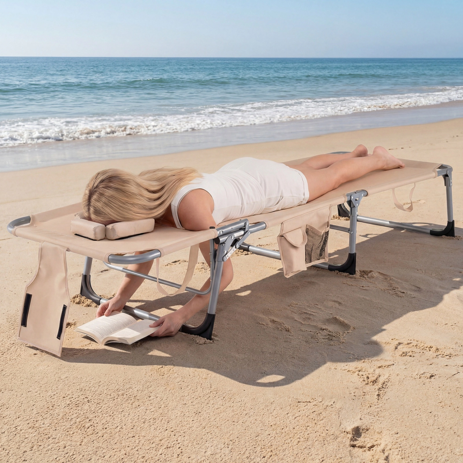 Outdoor Tanning Chairs Set of 2 Folding Chaise Loungers with Face and Arm Holes 4-Position Back 2-Position Beige