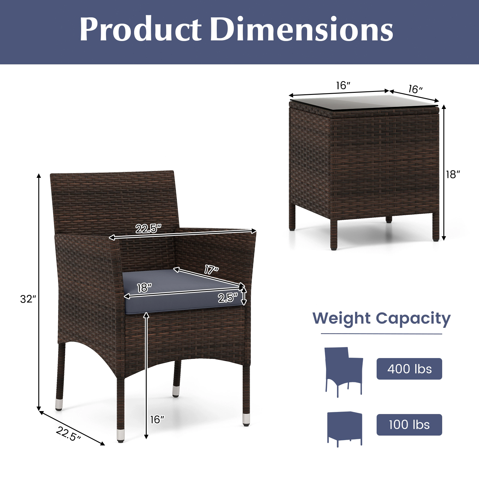 SUGIFT Conversation Set with Cushioned Seats and Glass Tabletop 400-lb Chair Capacity Mix Brown Rattan Gray Cushions