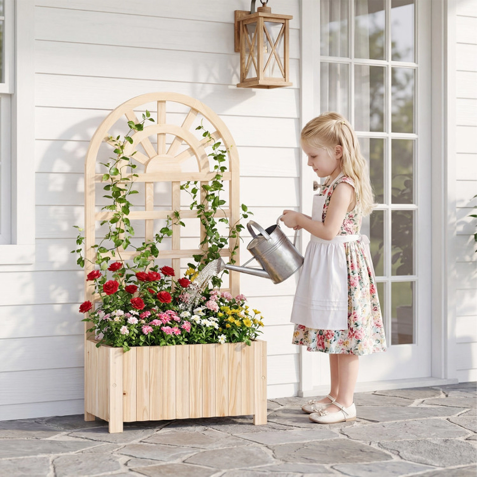 SUGIFT Natural Wood Raised Garden Bed with 48-in Lattice Trellis 24-in W 12-in D 66-lb Planter Box Capacity
