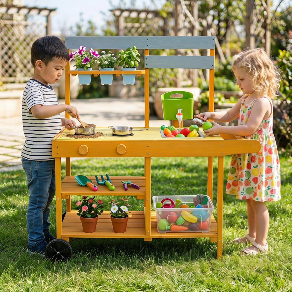 Hivvago Wooden Outdoor Mud Kitchen for Kids with Flowerpots and Wheels