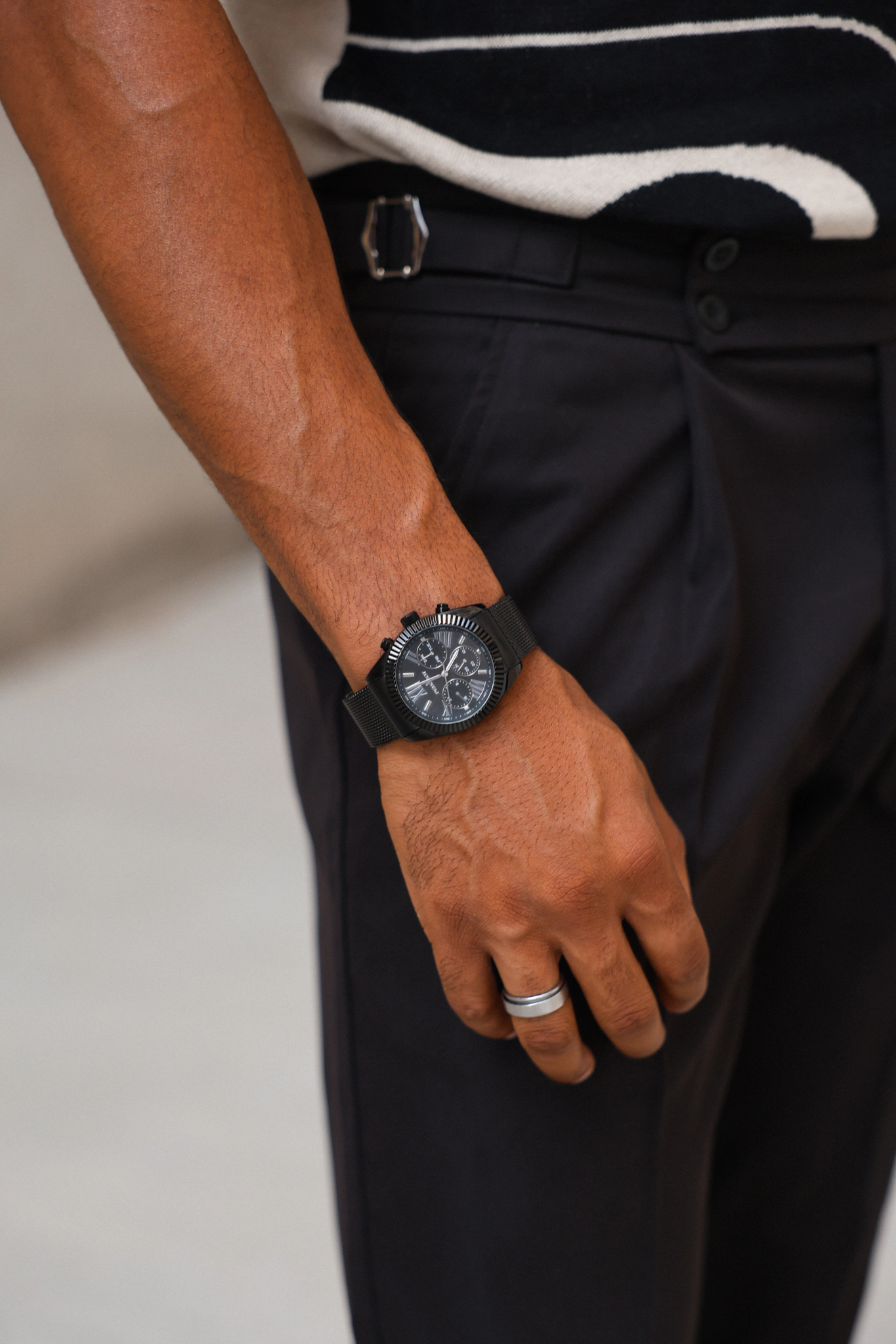 Peugeot Men's 42mm Black Multi-Function Steel Mesh Watch