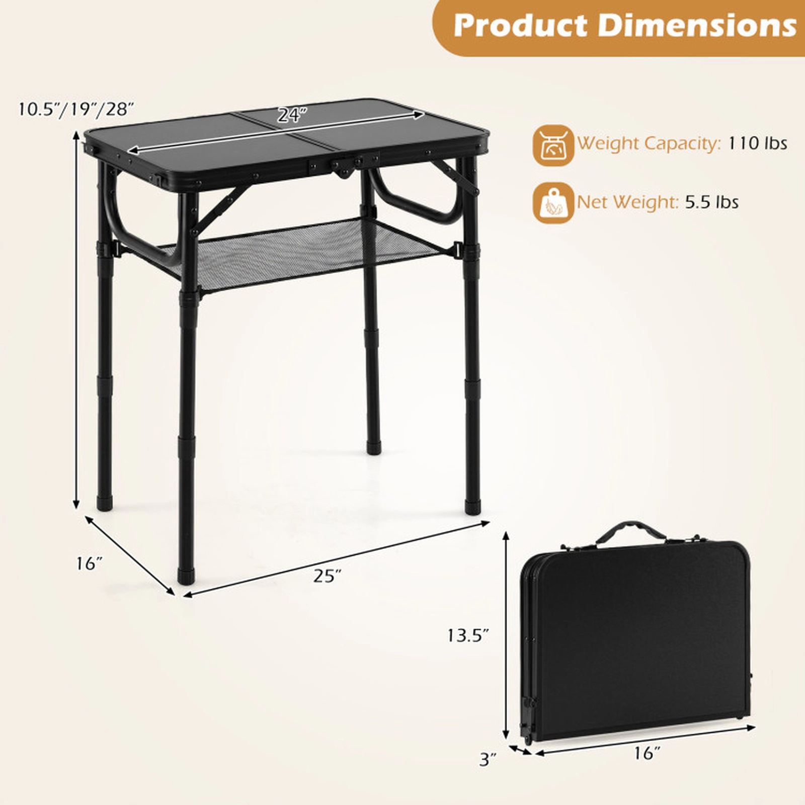 SUGIFT 3-Height Folding Camping Table with Large Storage Net & Handle 110-lb Capacity Black