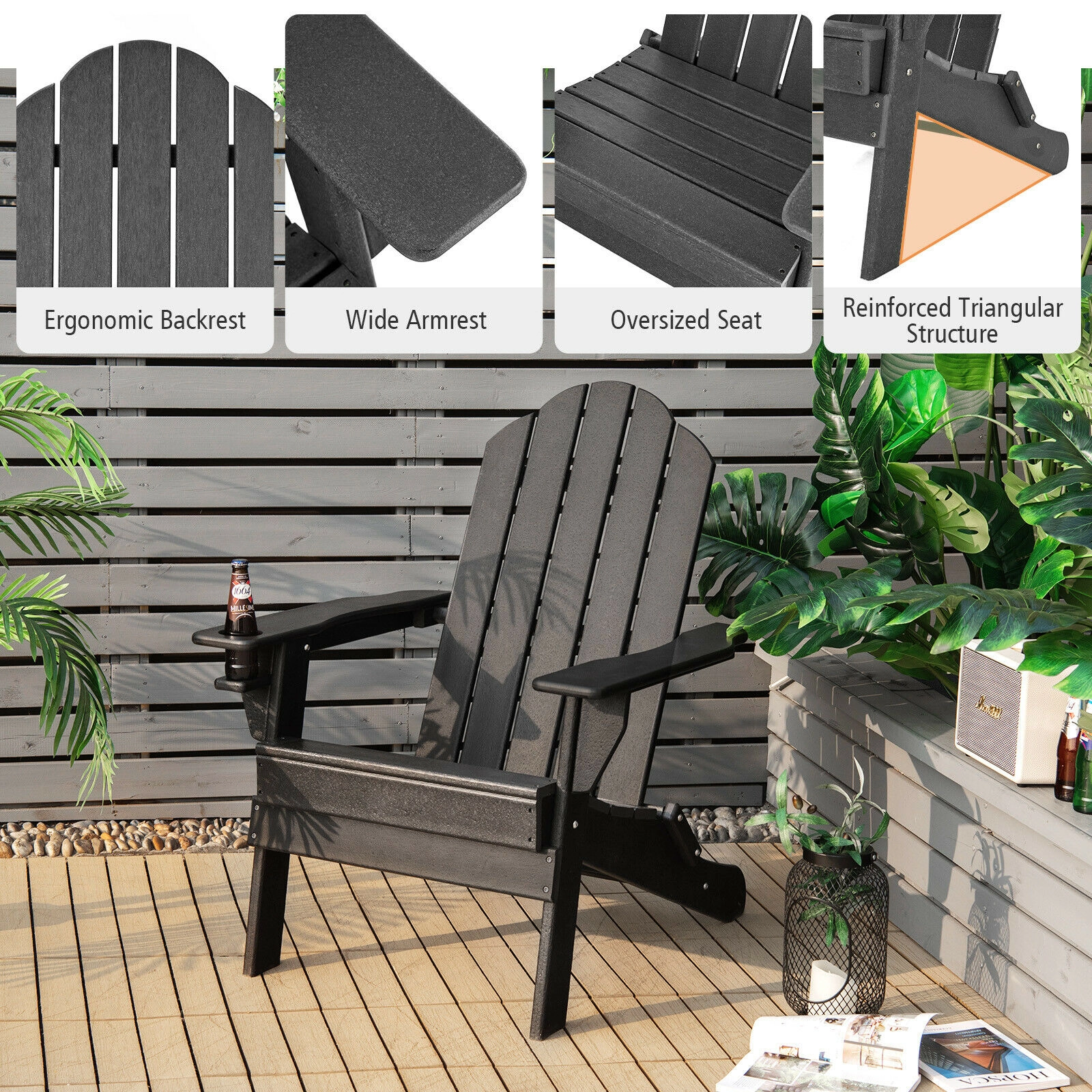 Hivvago Foldable Weather Resistant Patio Chair with Built-in Cup Holder