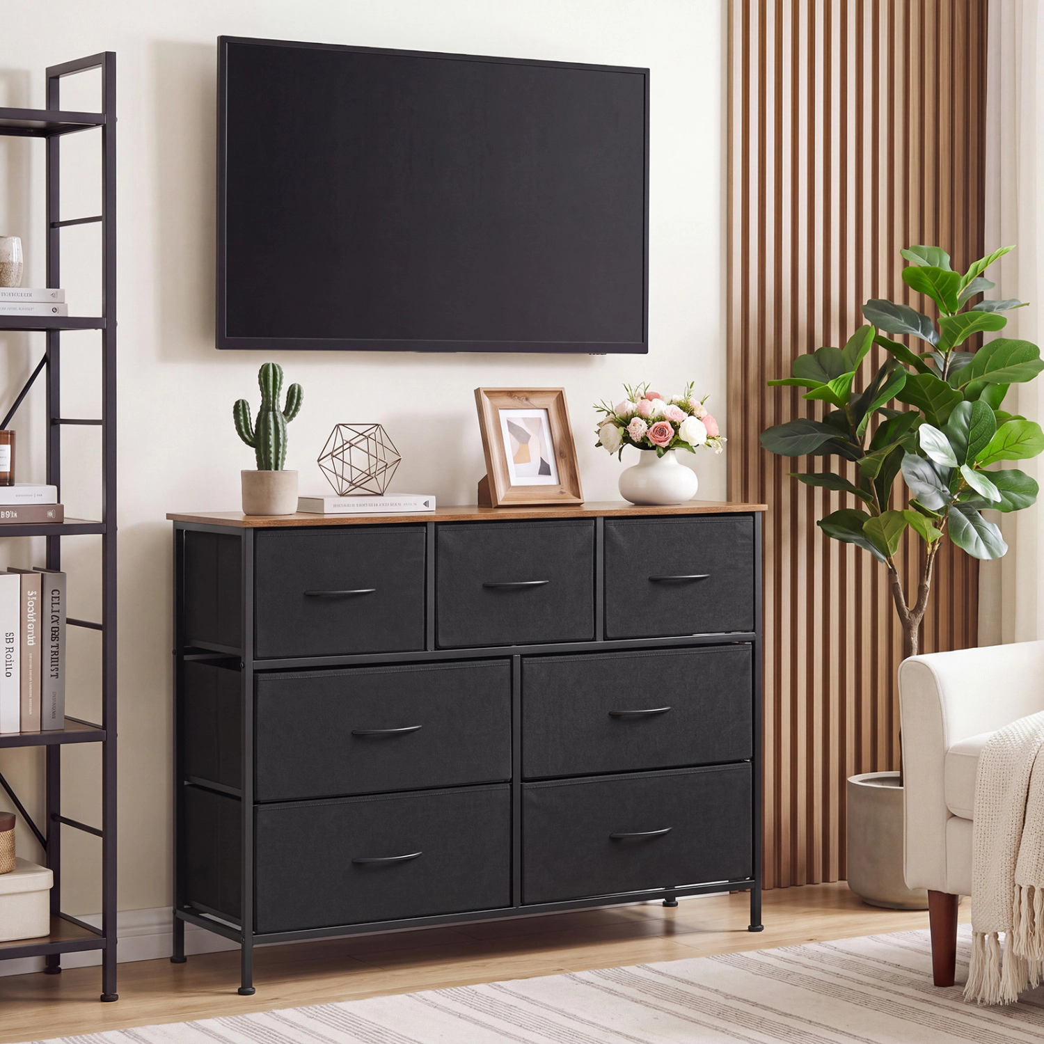 LJG 7-Drawer Wide Dresser with 2-Sized Folding Fabric Drawers for Bedroom
