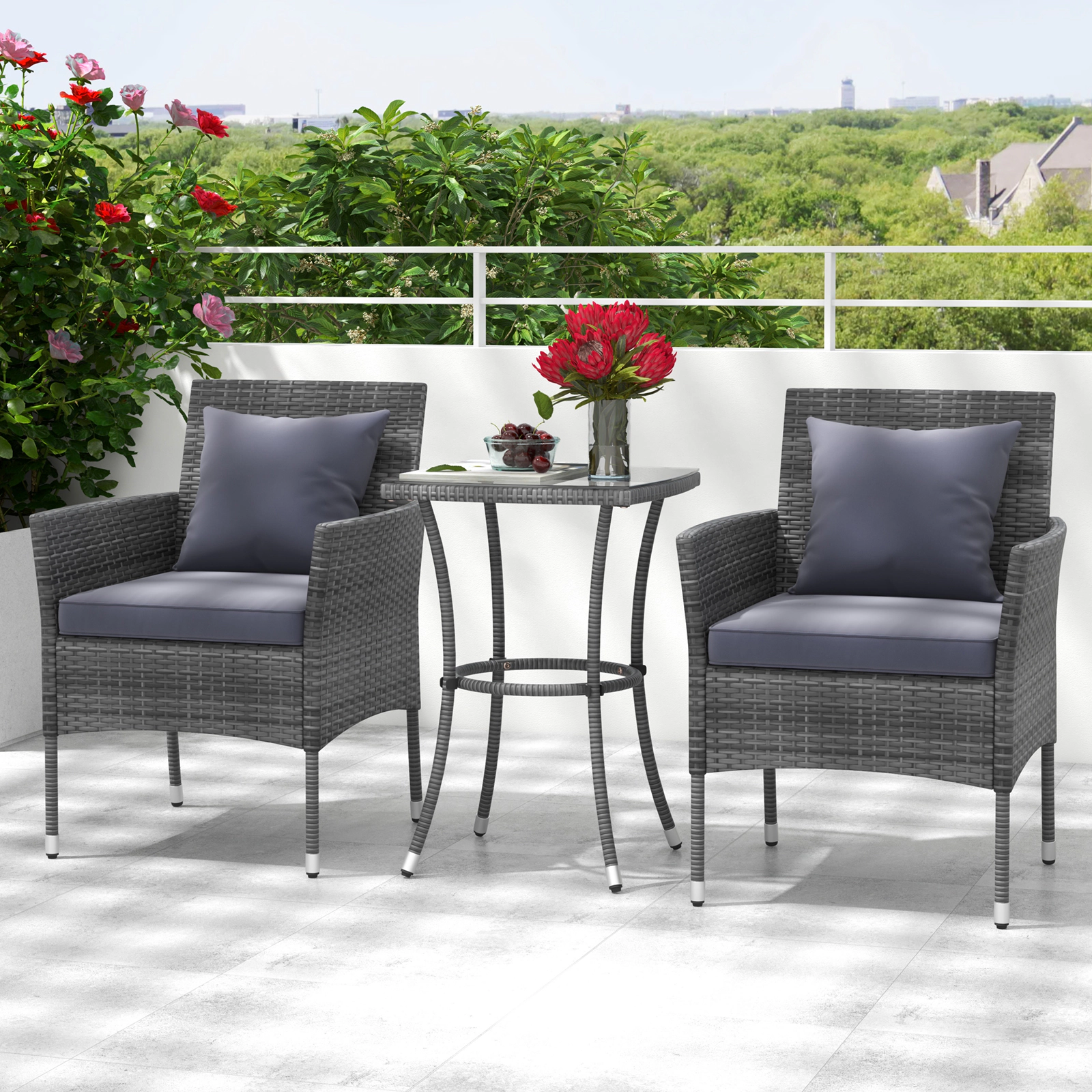 SUGIFT PE Rattan Patio Conversation Set with Cushioned Chairs and Tempered Glass Table 400-lb Chair Capacity Mix Gray