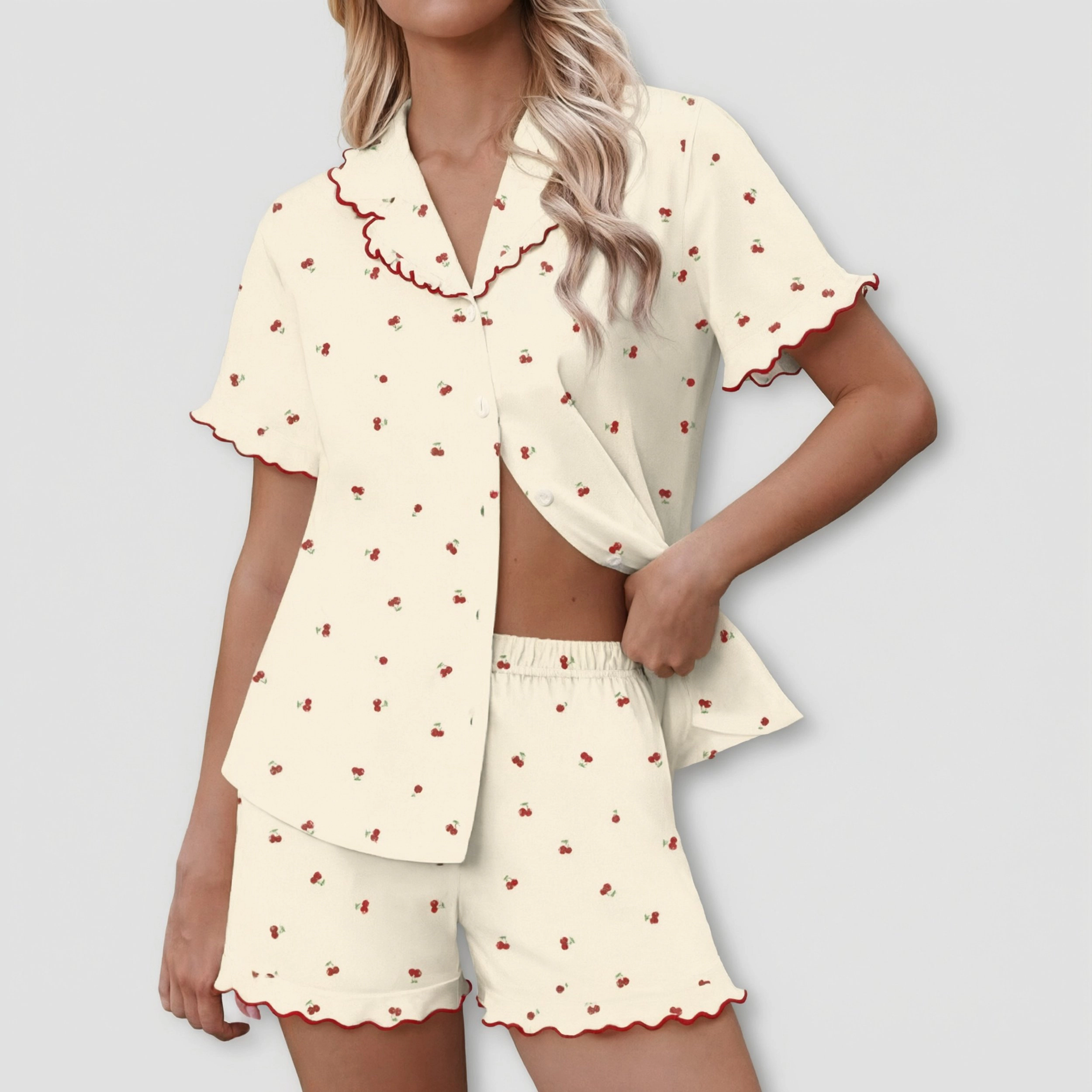 Ekouaer Pajamas Womens Set Short Sleeve Button Down Cute Ruffle Two Piece Lounge Sets