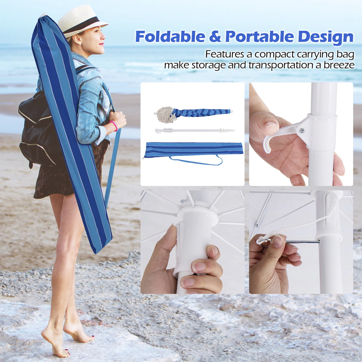 SUGIFT 6.5-ft Fringe Beach Umbrella with Push Button Tilt and Sand Anchor 6.5-ft Canopy 6-lb Net Weight Navy Blue