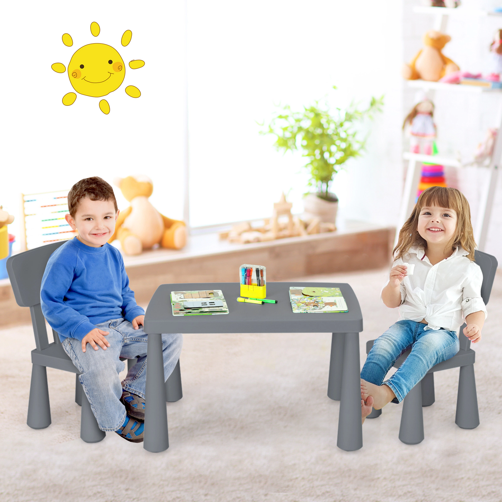 SUGIFT Kids Table and Chair Set, 3-Piece Gray PP Activity Table with 2 Chairs, 110-Lb Capacity