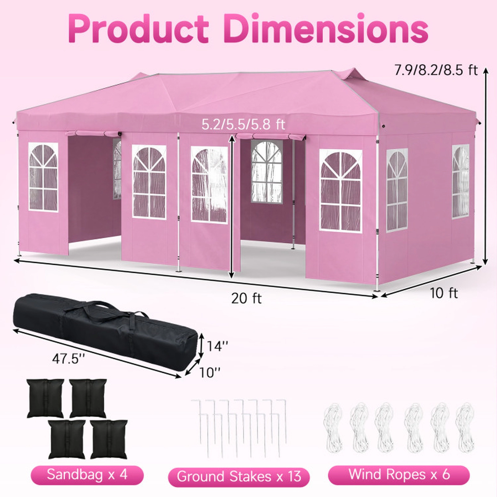 SUGIFT Pink 10-ft by 20-ft 3-Level 210D Oxford Pop Up Canopy Tent with 6 Sidewalls and Zippered Doors
