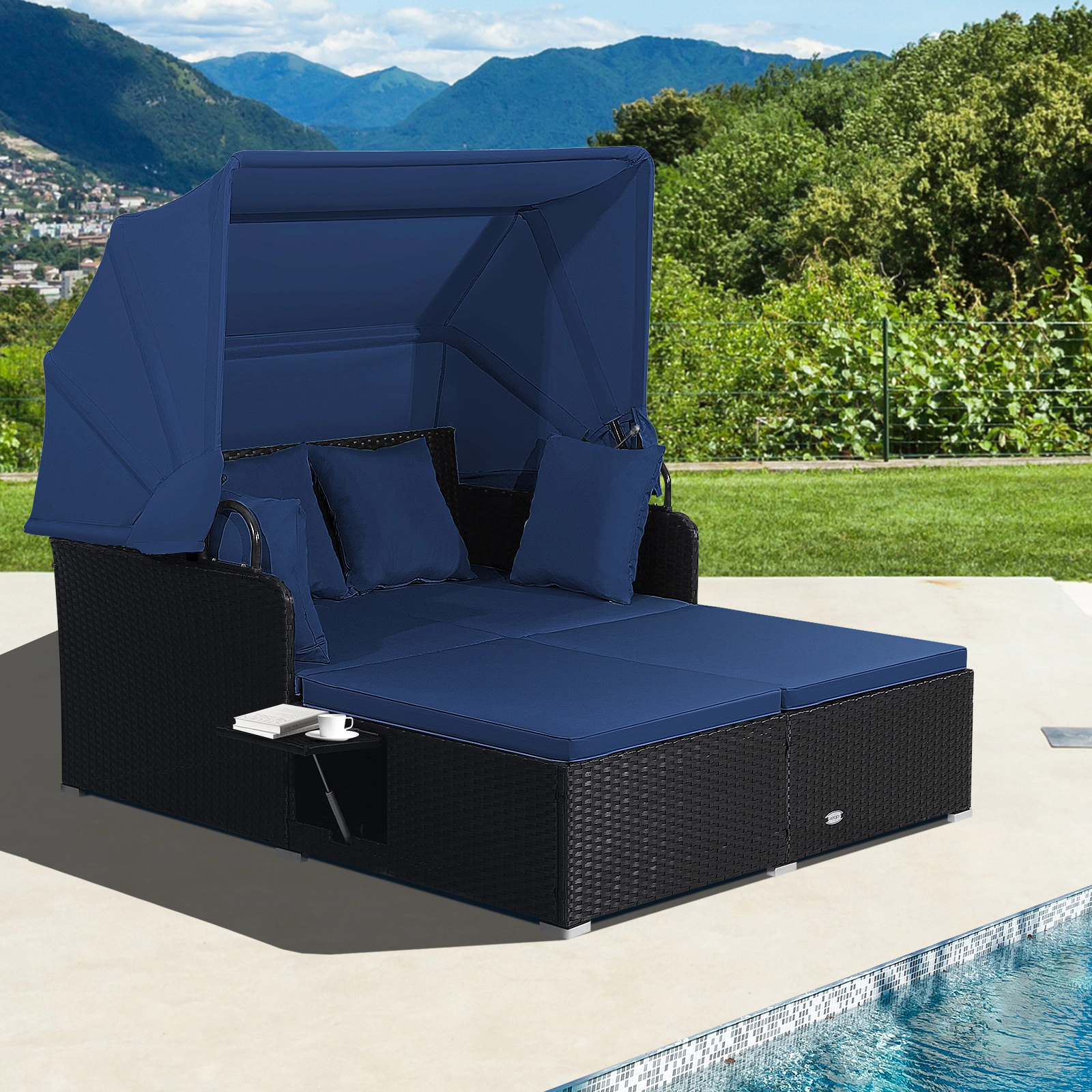 SUGIFT Gray PE Wicker Round Patio Daybed with Retractable Canopy and Table 75-in Dia 57.5-in H 800-lb Sofa Capacity