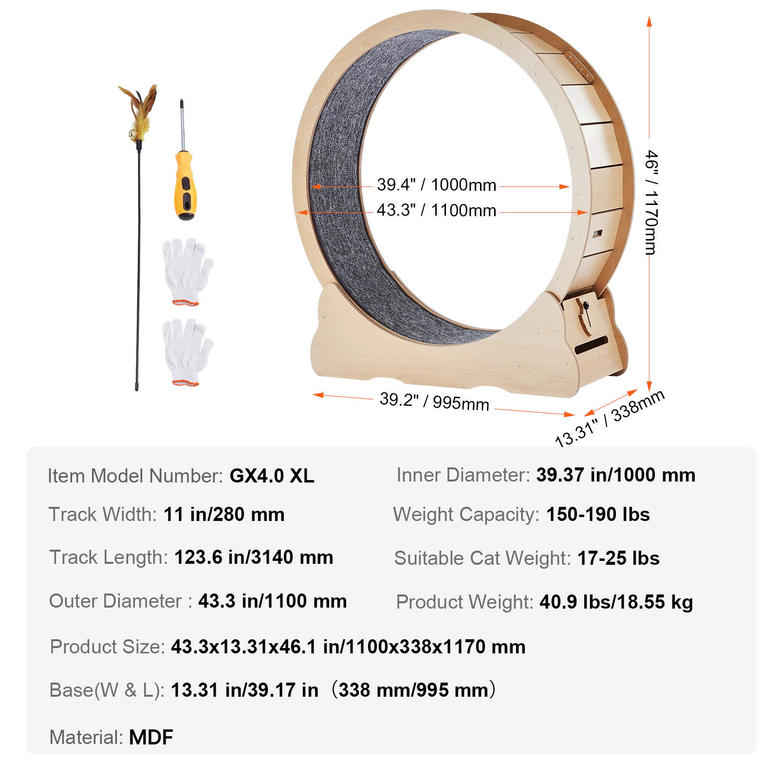 HONGGE Wooden Cat Exercise Wheel Large Cat Treadmill Wheel for Indoor Cats Cat Running Wheel with Detachable Carpet &