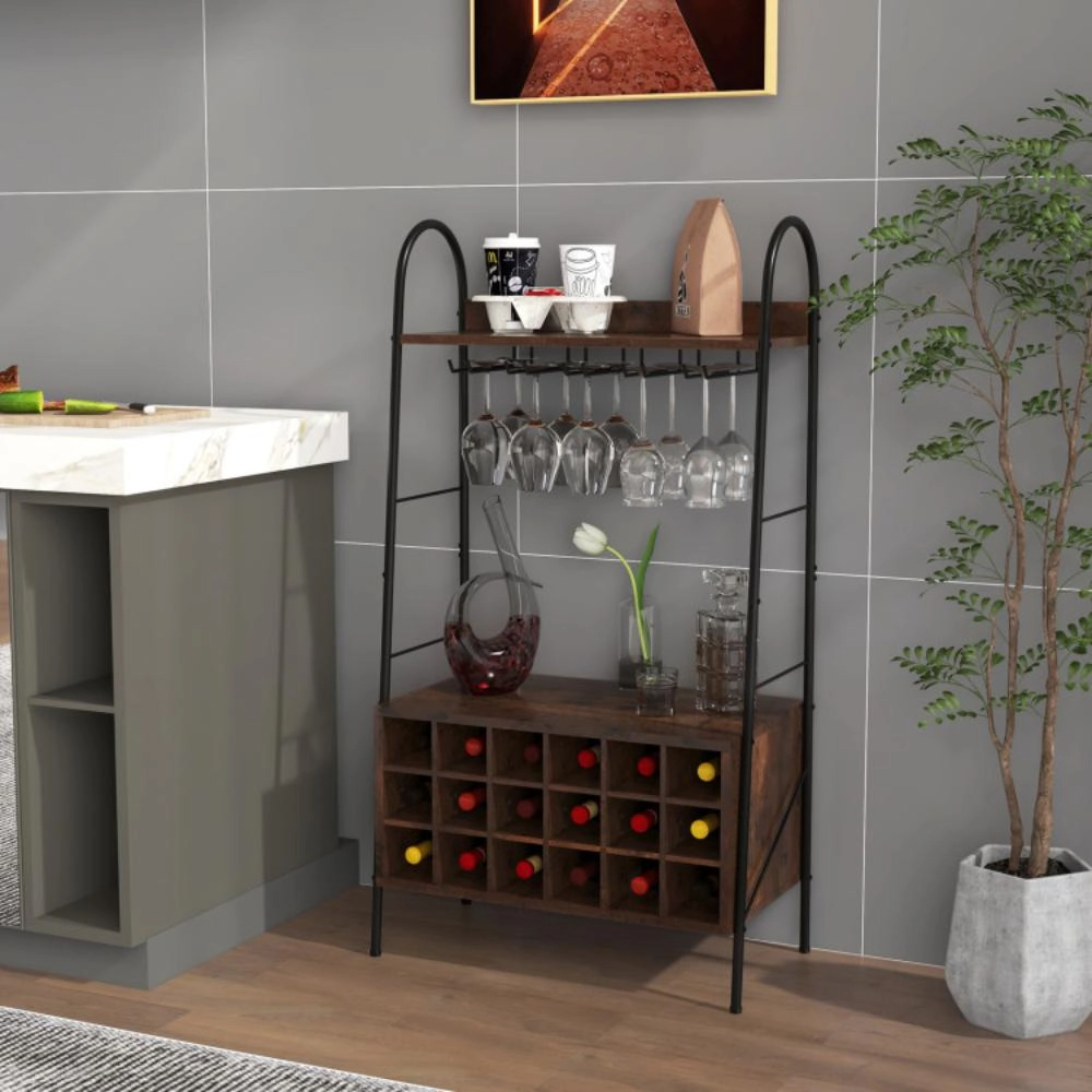 Hivvago Baker's Rack with Detachable Wine Rack and 5 Rows of Stemware Holder-Rustic Brown