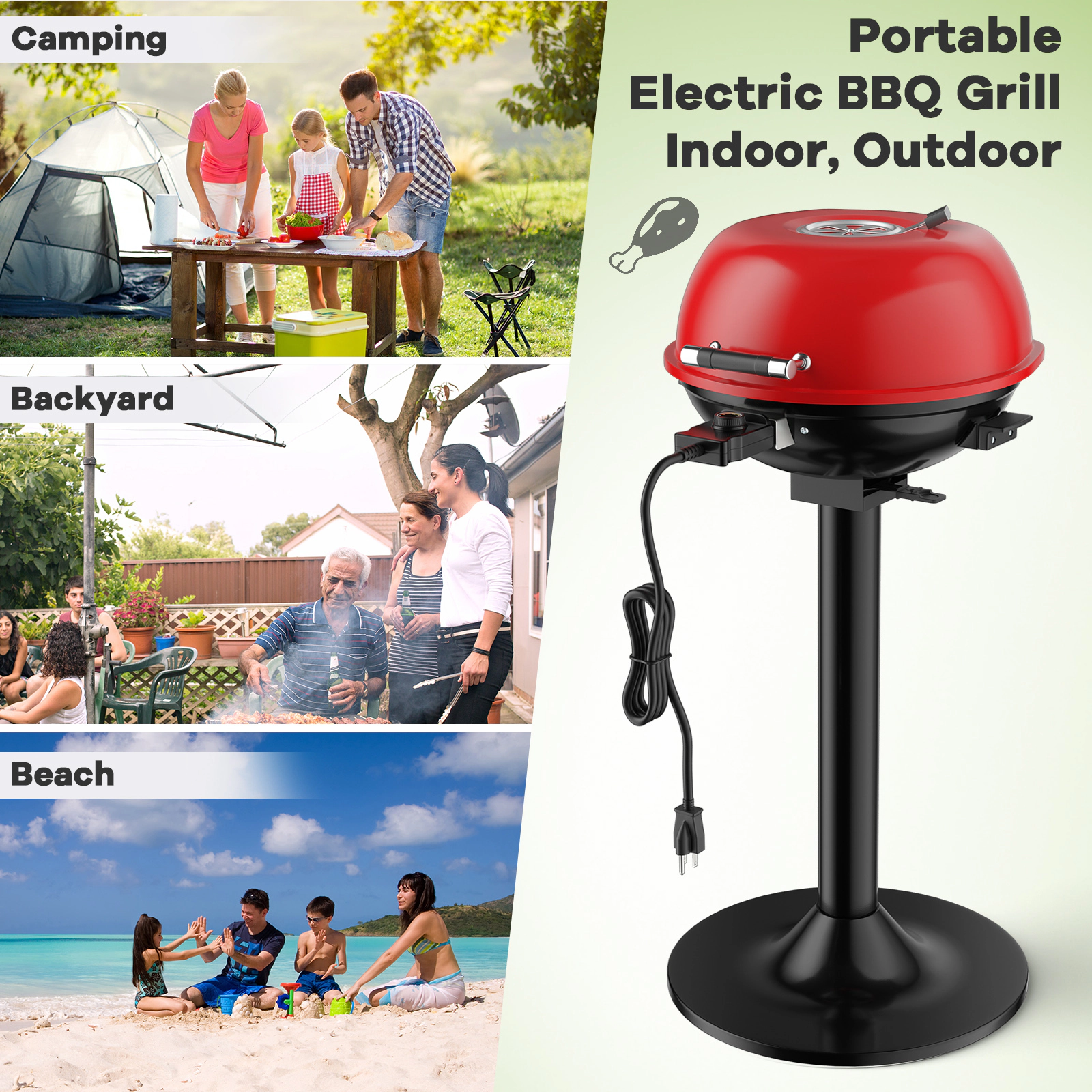 SUGIFT 1600-W Black and Red Portable Electric BBQ Grill with Removable Non-Stick Rack and Oil Drawer
