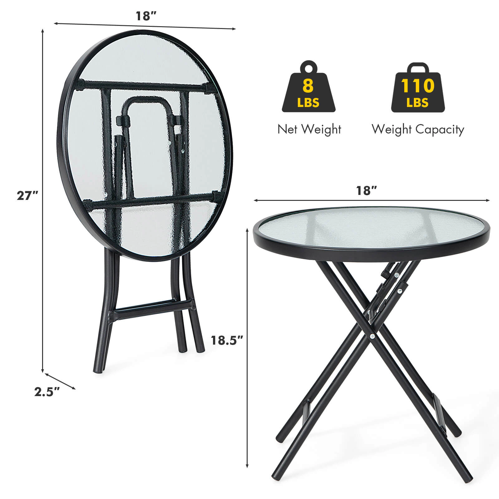 SUGIFT 18-In Black Folding Tempered Glass Outdoor Side Table with Rustproof X-Frame