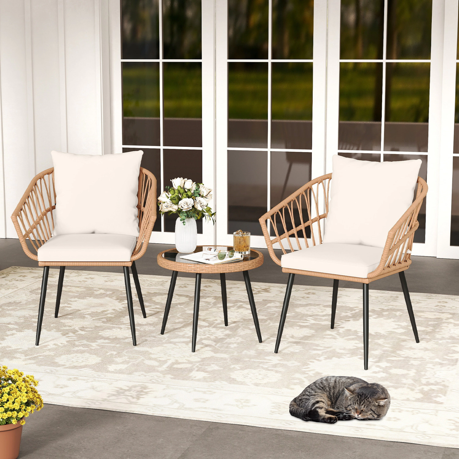 LJG 3 Piece Patio Bistro Set with PE Rattan Wicker Chairs and Tempered Glass Coffee Table